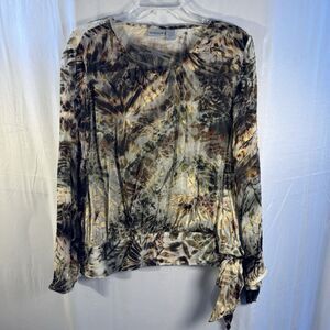 Chico’s Size 1 (M) Silk Blend Abstract Leaf Print Long Sleeve Blouse Tie Cuff